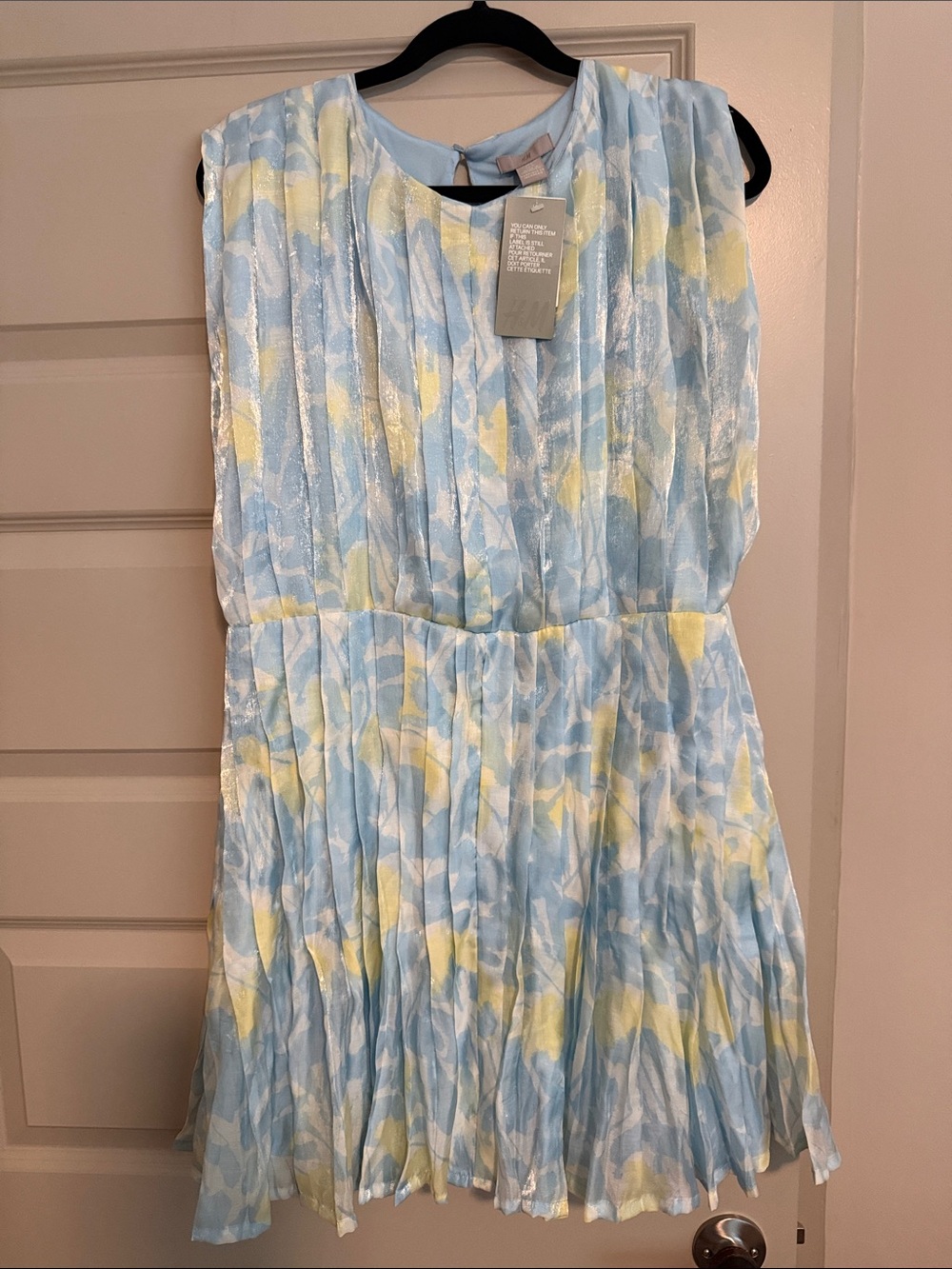 H&M Light Blue and Pale Yellow Sleeveless Pleated Dress
